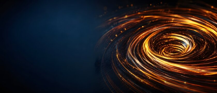 Macro close up of abstract futuristic copper wire vortex twisting into steel cable on dark blue background, premium metal manufacturing and heavy metallurgy industry banner with copy space