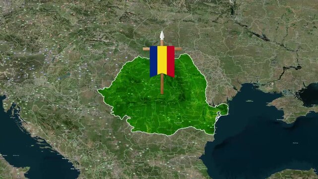 Romania flag on spear over green geographic map motion footage