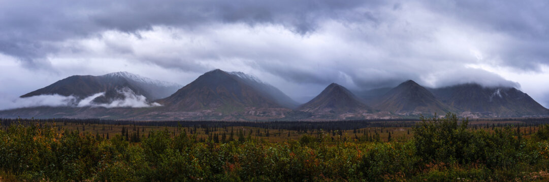 Alaska summer landscape of mountain panorama on foggy rainy day along Parks Highway on the way to Denali National Park and Presereve