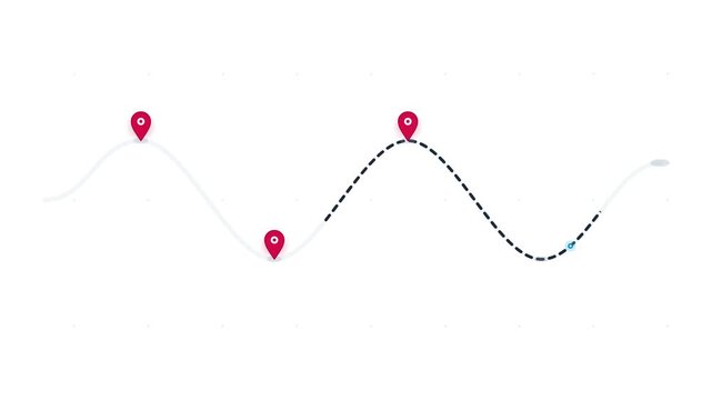 Animated map route with red location pins, dotted line path on white background, travel progress tracking motion graphic