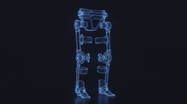 Exoskeleton robotic legs displayed as a glowing blue wireframe construction showing intricate mechanical joints and structural frame supports for human mobility augmentation technology isolated agains