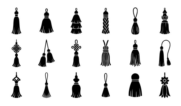Diverse black tassel decorative elements for fashion crafts and textile design vector set