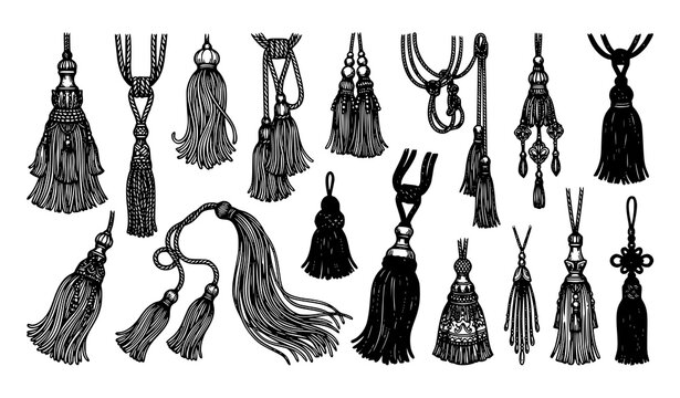 Ornamental black tassel fringe and braided cord decorations hand drawn vector collection