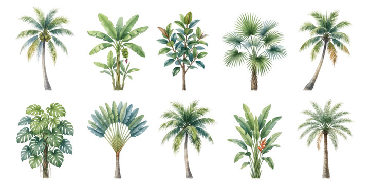Watercolor set of palm banana monstera strelitzia ravenala ficus tree foliage plants architecture front view elevation landscape elements