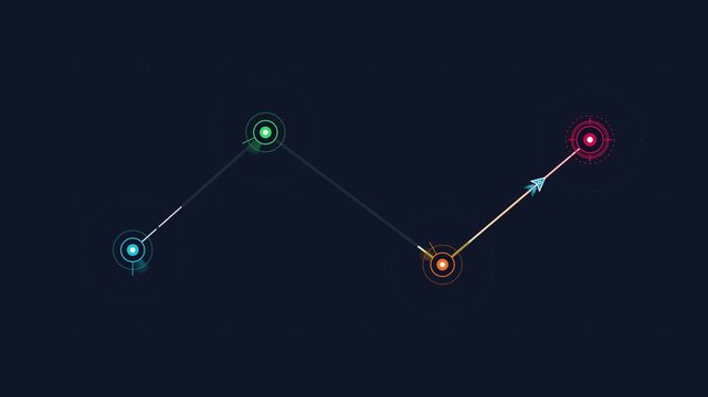 Abstract data visualization with glowing nodes, connected network graph animation, digital infographic elements on dark background