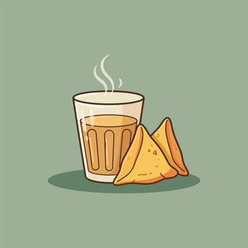 Hot chai tea in traditional glass with samosa vector graphic