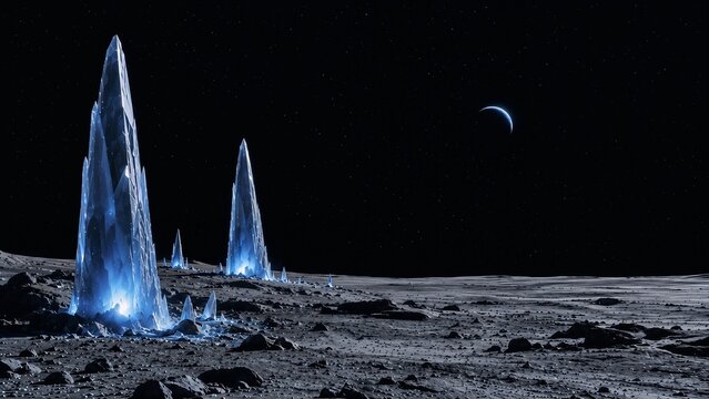 Premium futuristic lunar landscape with glowing blue crystals, rocky moon surface, distant crescent planet and deep starry sky in a cinematic sci fi scene.