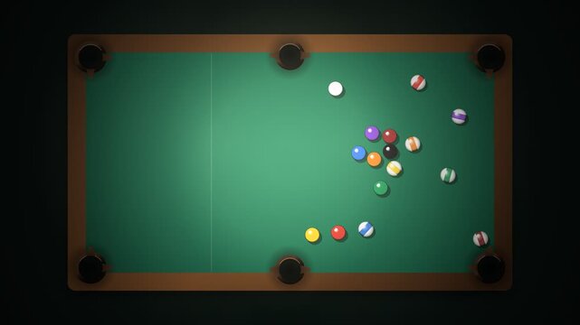 Overhead Pool Table Break Shot Balls Scattering Animation