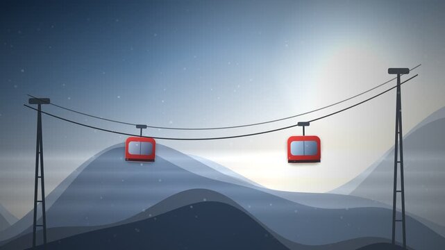 Alpine Cable Car Gondolas Crossing Snowy Mountain Valley Loop