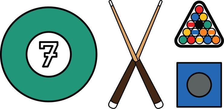 Billiards vector icon set with green number seven ball crossed pool cues triangle rack and chalk block isolated