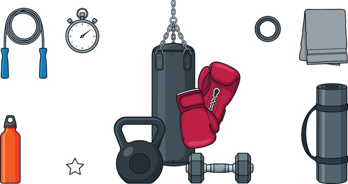 Boxing fitness equipment vector icon element set with punching bag gloves kettlebell dumbbell jump rope and gym gear isolated