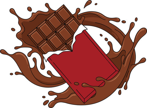 Chocolate bar in open red wrapper with liquid chocolate splash wave dynamic swirl vector illustration isolated on white background,