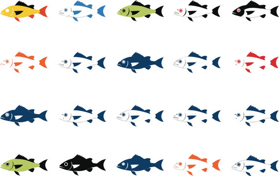 Mega collection of 20 freshwater and saltwater fish silhouettes solid black shapes vector
20 Fishing Line Icon Illustration Set
