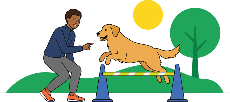 Dog agility training vector illustration with golden retriever jumping hurdle obstacle and male trainer in outdoor park background