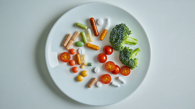Dietary supplements vs. healthy eating: Mixed tablets, capsules, and pills are neatly arranged on a white plate next to some fresh vegetables