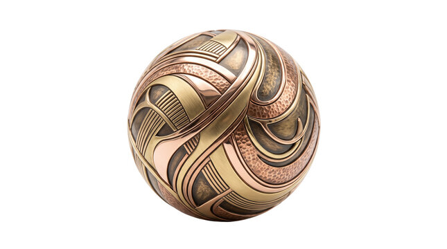 Steampunk metallic sphere with intricate brass and copper patterns, ornate mechanical ball on white background, vintage industrial design element