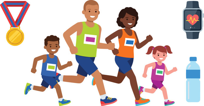 Happy family running marathon vector icon set with diverse parents children jogging medal smartwatch and water bottle