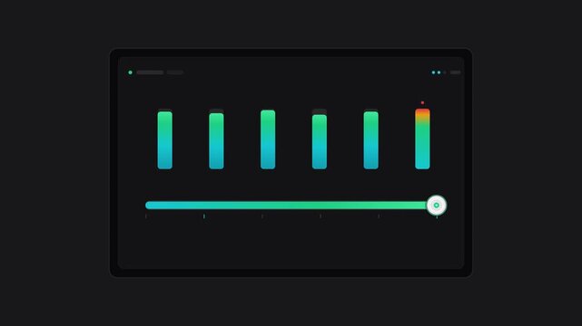 Digital audio equalizer interface, neon gradient sound bars on dark screen, music production software UI, modern volume control dashboard