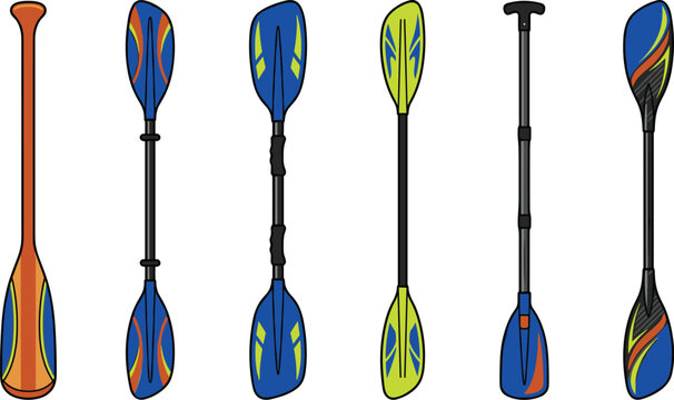Kayak and canoe paddles vector set featuring colorful water sports oars standalone equipment for sup boarding rafting and outdoor marine adventures