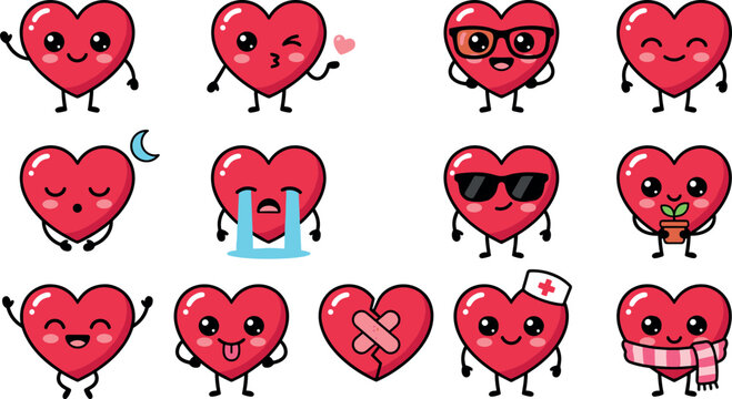 Kawaii red heart character vector set featuring cute cartoon Valentine Day love hearts with glasses sunglasses nurse hat bandage and varied emotional expressions