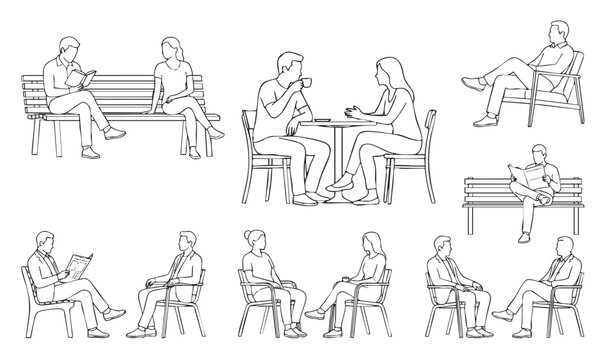 Public Park Cafe Seating Human Figures Vector Set Architectural CAD Outlines Scale People
