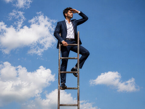 Businessman Climbing Ladder and Looking Toward Future Opportunities Against Blue Sky