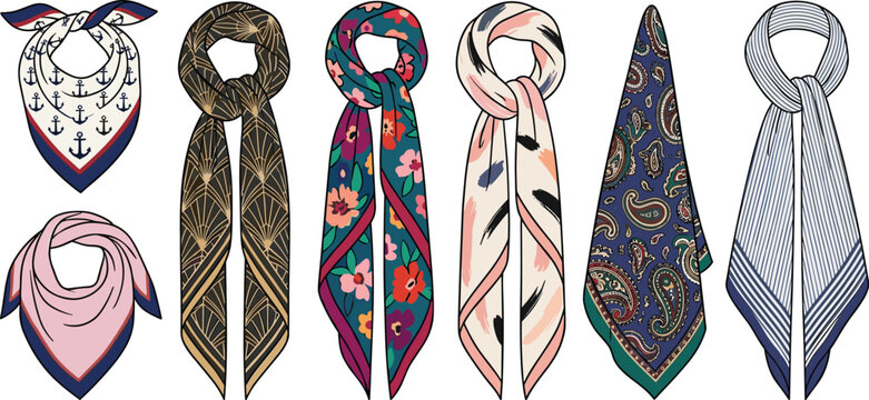 Silk scarves vector set featuring elegant neckerchiefs with floral paisley anchor geometric and modern abstract pattern fashion accessories