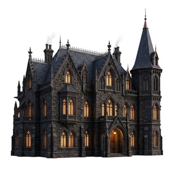 Ornate gothic victorian mansion with glowing windows at dusk, dark stone facade, intricate details