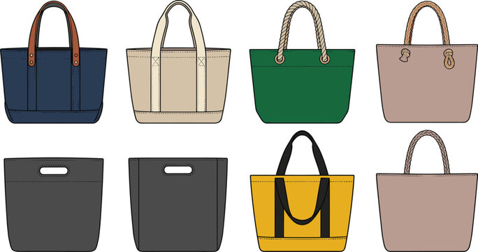 Tote bags vector set featuring colorful canvas shoulder shoppers reusable fabric handbags mockups and fashion accessories design elements