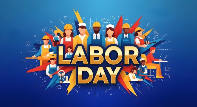 Diverse group of workers celebrating labor day with golden text on blue background
