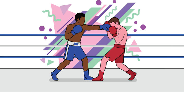 Two boxers fighting inside boxing ring with retro ninety memphis style abstract background graphic elements flat vector illustration isolated