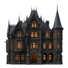 Fototapeta premium Ornate gothic victorian mansion with glowing windows at dusk, eerie and mysterious atmosphere