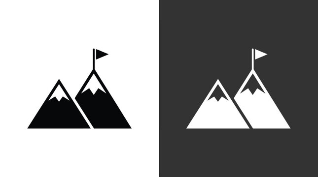 Mountain peaks with flag on summit, representing achievement and success, goal setting and challenge symbol.