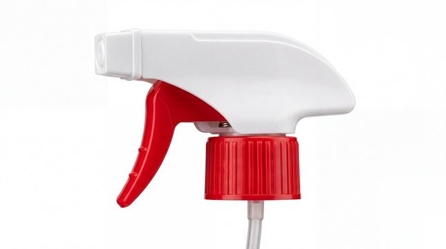 White plastic spray nozzle with red trigger mechanism attached to a clear straw captured in a clean studio shot on white background