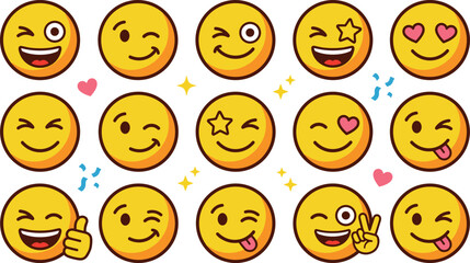 Fototapeta premium Yellow emoji emoticon character vector sticker set featuring cute winking smiling laughing and happy faces with tongue out on white background