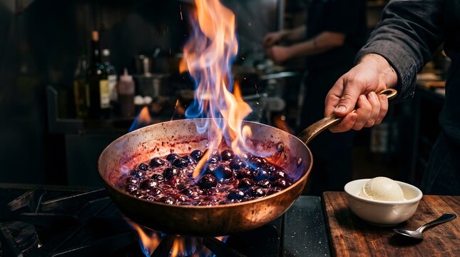 Chef flambeing cherries in a copper pan for a gourmet dessert in a professional kitchen perfect for National Cherries Jubilee Day