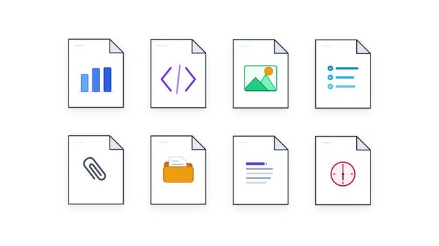 Minimalist digital document icons, set of 8 flat file type illustrations, business data and coding file symbols for web design