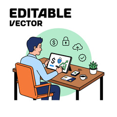 Fototapeta premium Man analyzing financial data and stock market charts on computer screen vector illustration