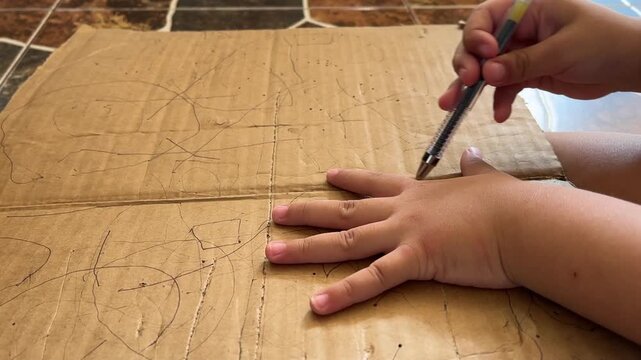 Little child tracing around own hand on cardboard using pen.