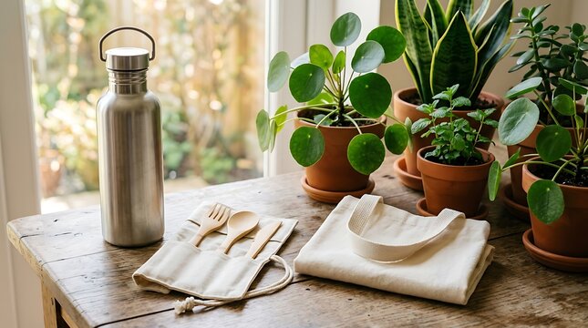 Cozy workspace with plants and notebook on wooden shelf