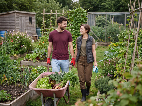 Smiling man and woman walking through organic vegetable garden with wheelbarrow full of fresh produce. Concept of sustainable living, gardening hobby, and healthy lifestyle.