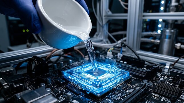 High-tech liquid cooling system for advanced computer processors, showcasing innovation and performance enhancement for modern electronics