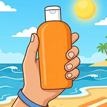 Hand holding sunscreen bottle at the beach