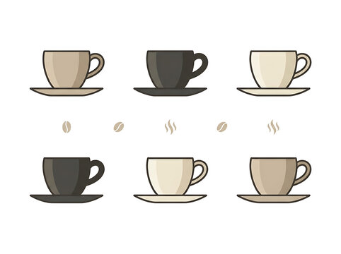 Six elegant coffee cup and saucer icons in neutral warm gray and beige colors arranged in two rows with subtle steam and bean accents on white.