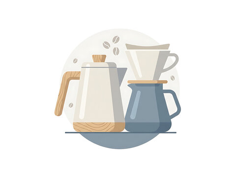 Modern minimalist pour over coffee maker illustration featuring sleek white kettle blue glass server and wood accents on soft circle background.