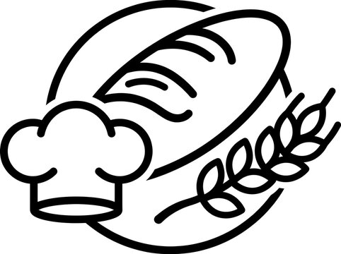 Minimalist black and white bakery logo featuring fresh bread loaf with chef hat and wheat ear branch in circular frame for organic bakeshop branding.