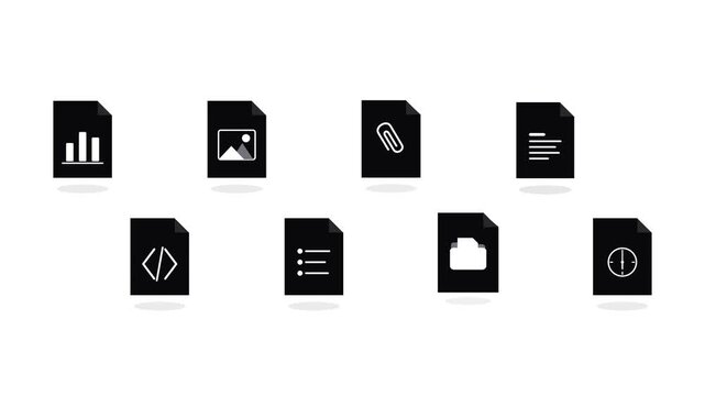 Minimalist black document icon set, flat digital file format symbols, business data and media management graphics on white background