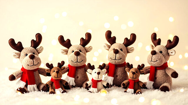 Adorable Plush Reindeer Family with Festive Bokeh Lights