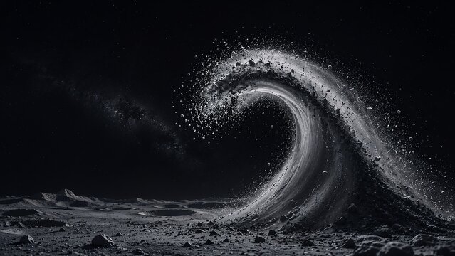 Surreal lunar dust wave over a moonlike surface beneath a starry sky, cinematic sci fi background with dramatic motion, dark copy space and premium cosmic mood.
