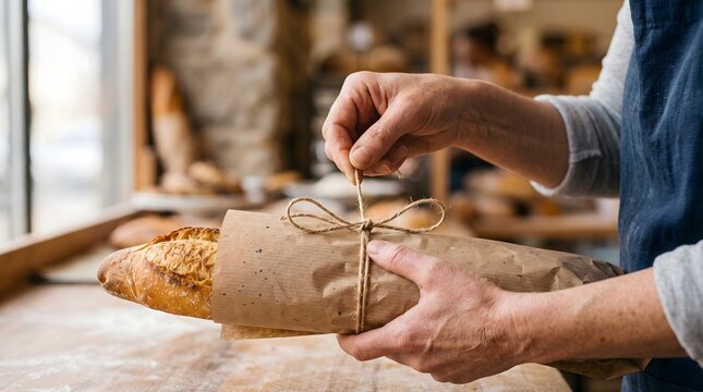 Baker tying rustic natural twine string around artisanal French baguette loaf wrapped in kraft paper.